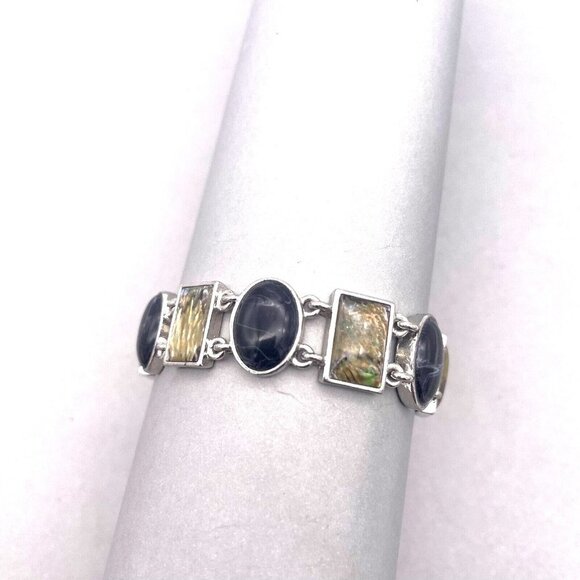 Lia Sophia Jersey Moon faux Abalone and Black Onyx Bracelet Silver Tone 7 Inches - Picture 1 of 7